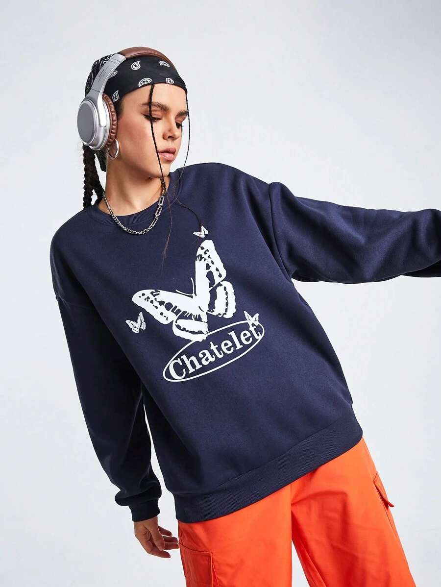 Gameset SHEIN Sport Butterfly And Letter Print Drop Shoulder Sporty Sweatshirt