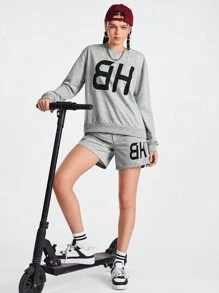 Gameset SHEIN Sport Conjunto De Sudadera Con Mangas Largas Con Estampado De Letras Y Pantalones Cortos Deportivos Para Mujeres - Gris - Ver 5