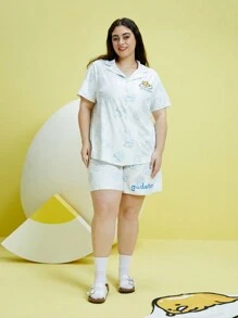 Gudetama X SHEIN Plus Cartoon And Letter Graphic PJ Set - Baby Blue - View 1
