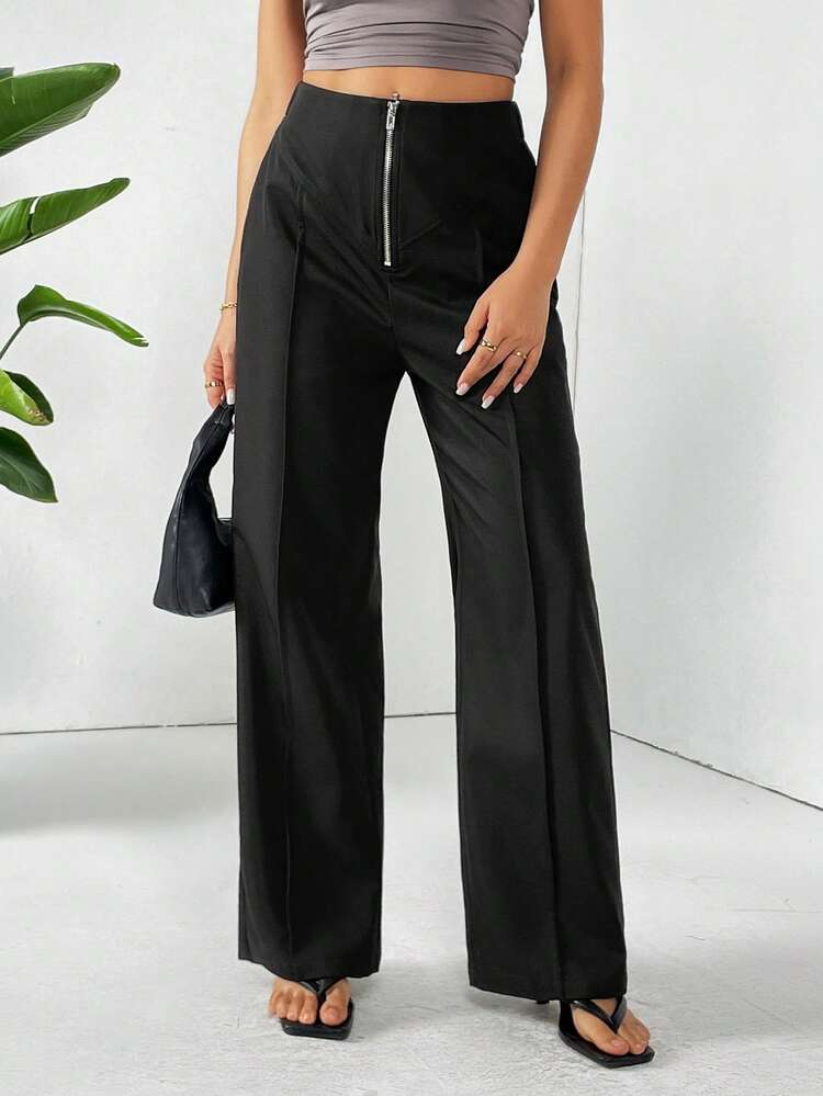 Zipper Closure Straight-Leg Casual Versatile Pants