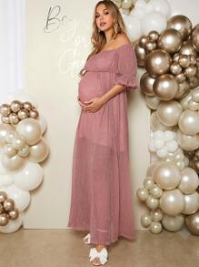 SHEIN Maternity Women's Elegant Romantic Off Shoulder Sheer Dress For Gender Reveal Party - Pink - View 4