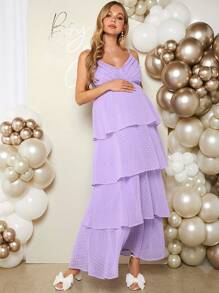 SHEIN Loomaby Maternity Elegant & Romantic Gender Reveal Party Spaghetti Strap Dress Baby Shower Dress - Purple - View 4