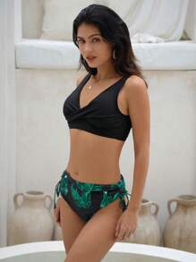 SHEIN Swim Bañador bikini con estampado tropical con cordón lateral - Negro - Ver 3