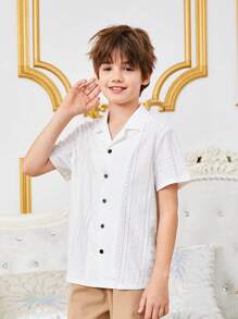 SHEIN Cậu bé Tween Lỏng lẻo Nhà thoải mái Dệt kim Dệt hoa Ngắn tay Áo sơ mi Với Vòng cổ - trắng - Xem 4