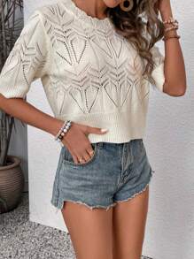 SHEIN LUNE Solid Color Hollow Out Knit Top - White - View 3