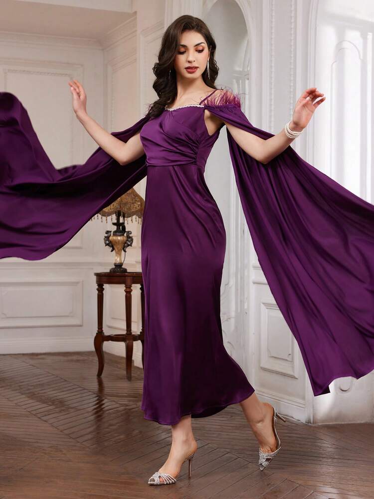 Furry Open Shoulder Cape Sleeve Cami Dress