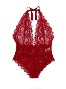 Floral Lace Plunge Teddy Bodysuit - Burgundy - View 4