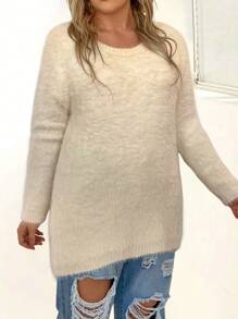 Calvaya Große Größe Pullover mit Einfarbig Strick Drop Shoulder Stufensaum,