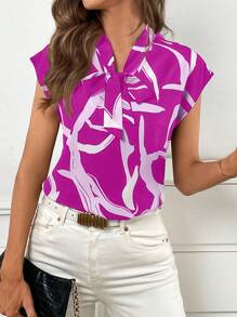 SHEIN Privé Work Women Tops Graphic Print Tie Neck Batwing Sleeve Blouse - Hot Pink - View 3