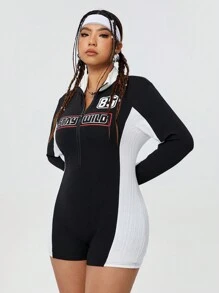 SHEIN EZwear CURVE 大尺碼字母和數字圖案長袖連身褲 - 黑與白 - 查看 3