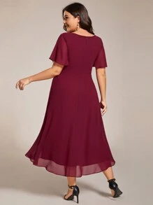 Chiffon Ruffle Trim Contrast High Low Hem Bridesmaid Dress - Burgundy - View 3