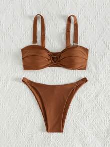 SHEIN Swim 纯色两件套比基尼套装 适合夏季海滩 - 棕色 - 查看 6