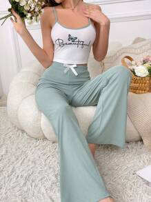Butterfly & Letter Printed Cami Top And Pants Pajama Set - Mint Green - View 1