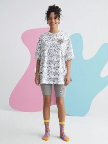 Mr Men Little Miss X SHEIN Women's Cartoon Print Drop Shoulder Pajama Set - Grey - View 7