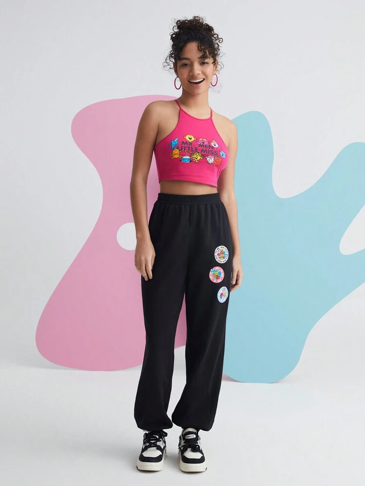 Cartoon And Letter Graphic Halter Top & Joggers