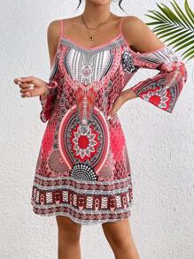 Breezaya Women's Open Shoulder Floral Printed Dress For New Year Clothes Vacation Beach Outfit - Red - View 3