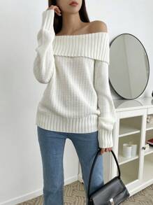 DAZY Áo len dệt kim trễ vai thanh lịch dành cho nữ, mùa thu/đông - trắng - Xem 7