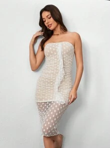 SHEIN Privé 波點網紗荷葉邊褶皺無肩帶裙子 - 白色 - 查看 1