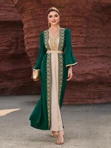 Al Najma Dark Green & Apricot Colorblock Heavy Work 2 In 1 Kaftan Modest Long Sleeve Arabian Dress - Multicolor - View 3