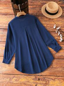 SHEIN LUNE Plus Size Women's Butterfly Pattern Stand Collar Shirt - Navy Blue - View 2