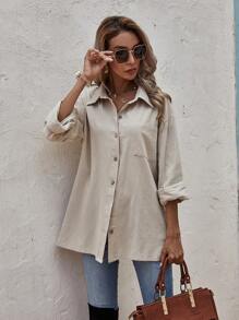 SHEIN Clasi Camisa casual de manga larga y gran tamaño de unicolor - Caqui - Ver 3