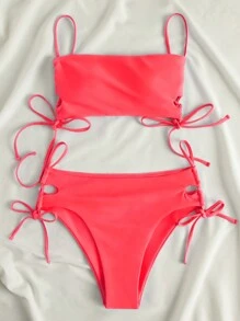 SHEIN Swim 無鋼圈綁帶純色露背比基尼套裝,分體式底部,游泳服 - 西瓜粉 - 查看 4