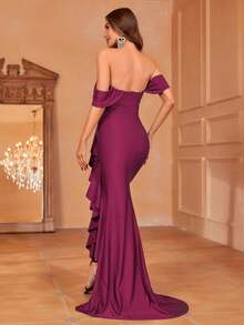 Faeriesty Váy dự tiệc hở vai xếp nếp xẻ tà - Màu Đỏ Sâu - Xem 2