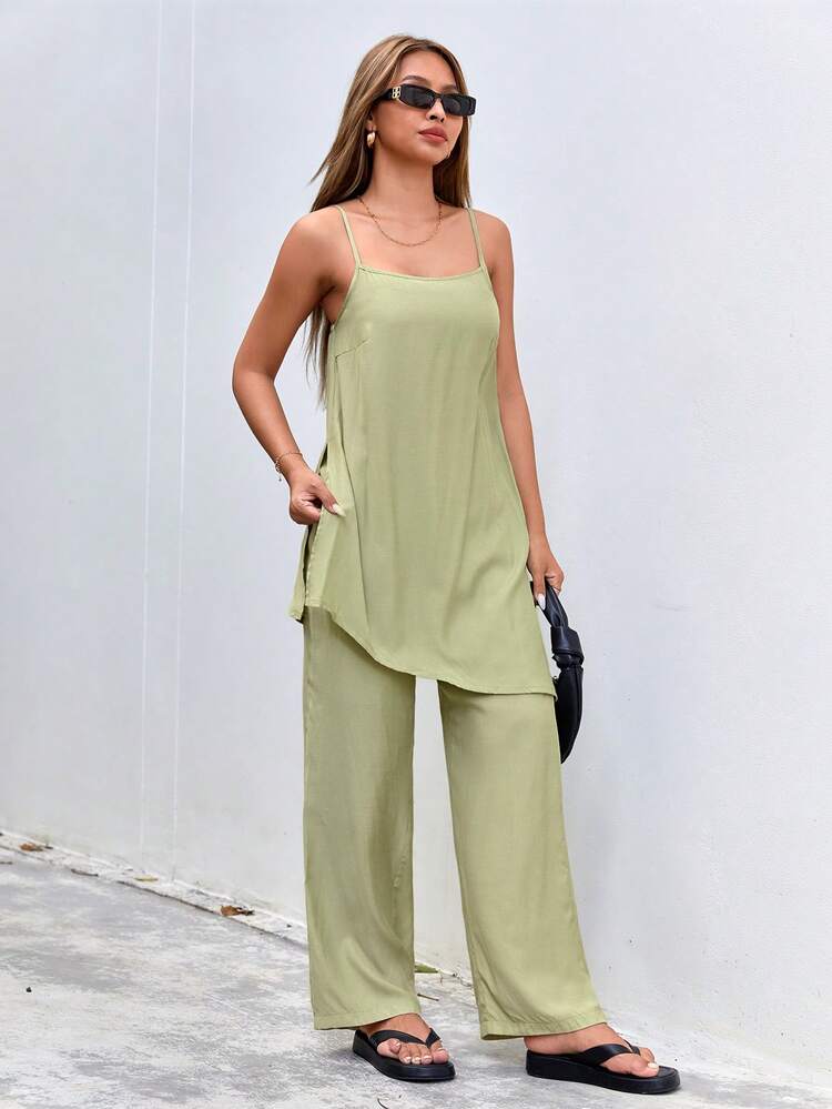 Solid Color Asymmetrical Hem Camisole Top And Straight Pants Two Pieces Set