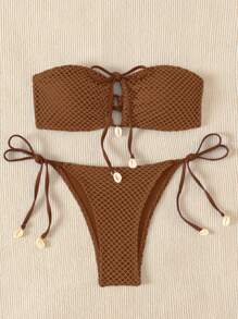 SHEIN Swim Bộ đồ tắm có họa tiết trơn dành cho nữ đi biển mùa hè & Bộ bikini đáy bơi - Cà phê nâu - Xem 3