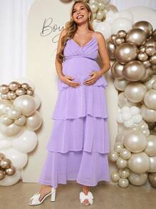 SHEIN Loomaby Maternity Elegant & Romantic Gender Reveal Party Spaghetti Strap Dress Baby Shower Dress - Purple - View 5