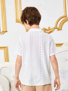 SHEIN Cậu bé Tween Lỏng lẻo Nhà thoải mái Dệt kim Dệt hoa Ngắn tay Áo sơ mi Với Vòng cổ - trắng - Xem 3