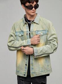 Manfinity Roghcode Men's Raglan Long Sleeve Denim Jacket - Green - View 1