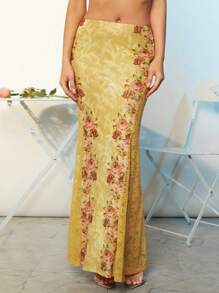 SHEIN BAE 女款花朵印花蕾絲拼布魚尾下擺半身裙