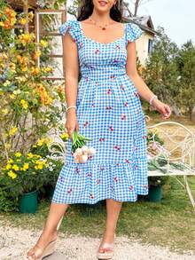 Dreamara 大码女式格子樱桃印花盖袖连衣裙 - 彩色 - 查看 2