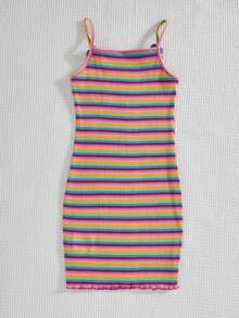 SHEIN 少女針織條紋向日葵泰迪熊印花結合式休閒背心裙 - 彩色 - 查看 2