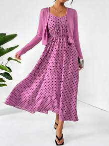 SHEIN Essnce Spring Knitted Cardigan & Polka Dot Printed Cami Dress Two Pieces Set - Pink - View 1