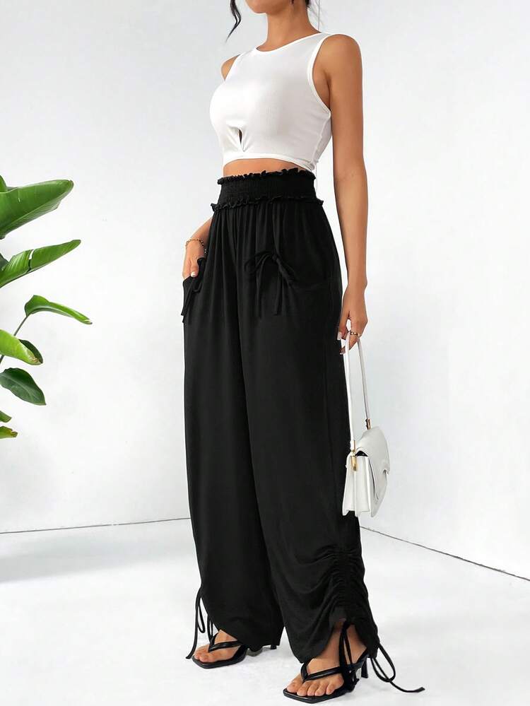 Summer Women's Baggy Elastic Waistband, Pockets, Wide Leg, Pleated, Ankle-Length Pants