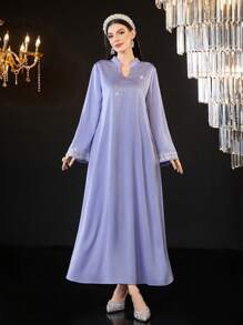 Al Najma Women's Embellished Flare Sleeve Arabic Style Dress - Blue - View 4