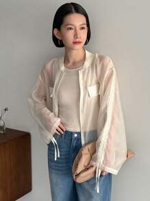 FRIFUL Ladies' Drawstring Long Sleeve Sheer Baseball Collar Jacket,Fall Women Clothes