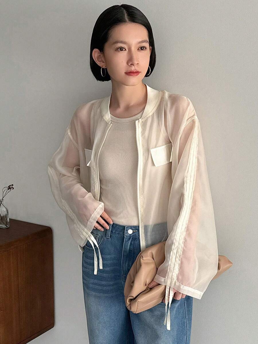 FRIFUL Ladies' Drawstring Long Sleeve Sheer Baseball Collar Jacket,Fall Women Clothes
