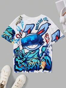 SHEIN Tween Boy Letters And Cartoon Printed Short Sleeve T-Shirt - Multicolor - View 1