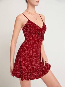 Soleia Knotted Polka Dot Ruffle Hem Cami Dress - Burgundy - View 5