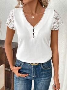 SHEIN Clasi 女性白色花邊拼接短袖鈕前t卹 - 白色 - 查看 3