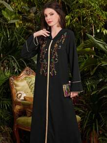 Al Najma Vestido De Estilo Árabe Brillante Con Diamantes De Imitación Para Mujer - Negro - Ver 4