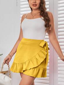 SHEIN Privé Plus Size Solid Color Wrap Style Skirt With Ruffle Hem And Tie Waist - Yellow - View 5