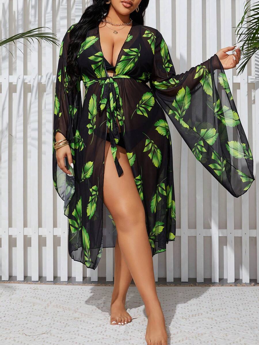 SHEIN VCAY 大尺碼葉子印花腰帶黑色和服連衣裙,適用於夏季、游泳、海灘派對 - 彩色 - 查看 1