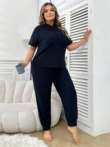 Plus Size Half-Zip Stand Collar Short Sleeve Top And Pants Pajama Set - Black - View 5