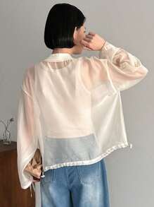 FRIFUL Ladies' Drawstring Long Sleeve Sheer Baseball Collar Jacket,Fall Women Clothes