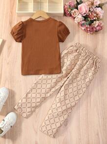 SHEIN Young Girls' Solid Color Round Neck Short Puff Sleeve Top And Geometric Printed Pants Two-Piece Set - Brown - View 2