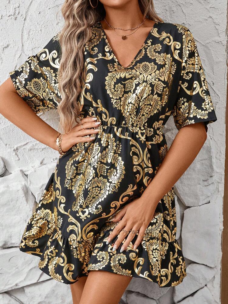 V-Neckline Empire Waistline Golden Printed Asymmetrical Hem Dress
